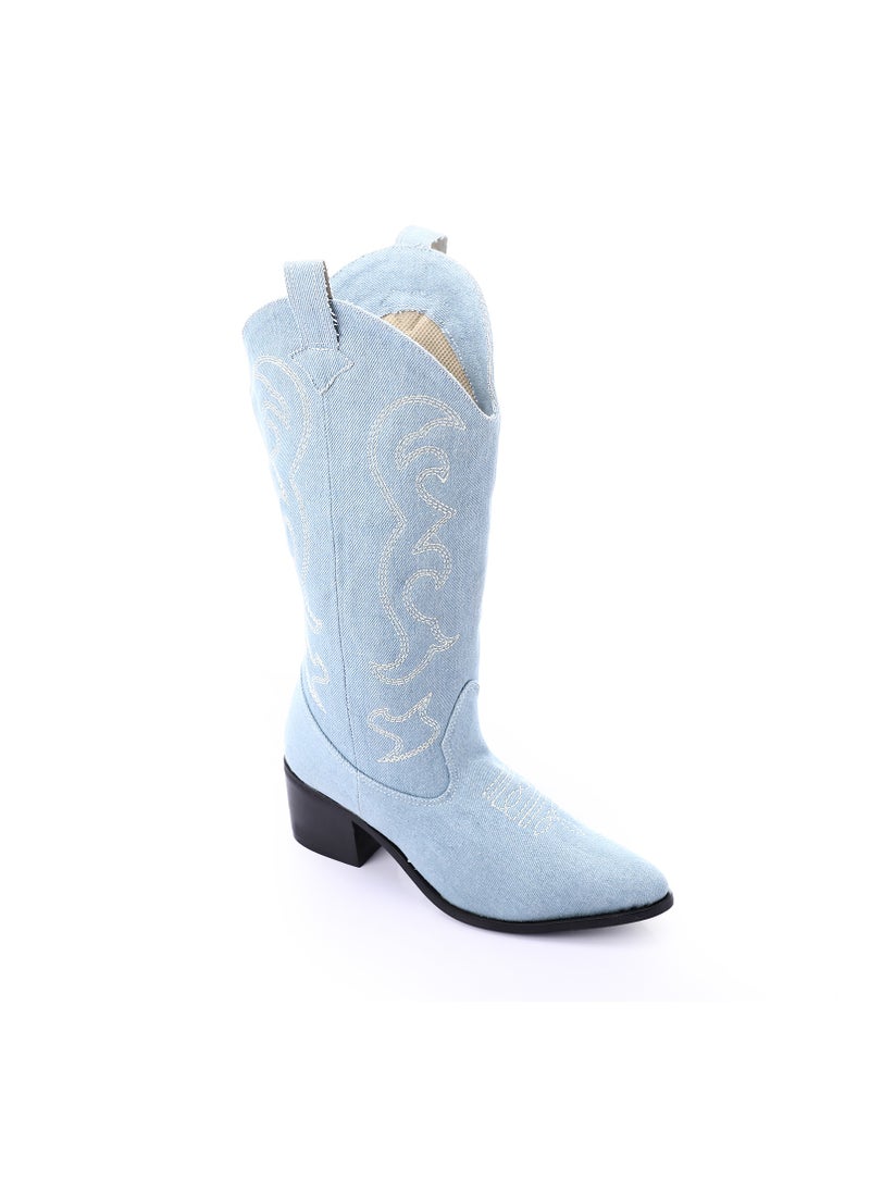 Mr.joe - Embroidered Denim Pointed Cowboy Boots - Baby Blue - Image 1