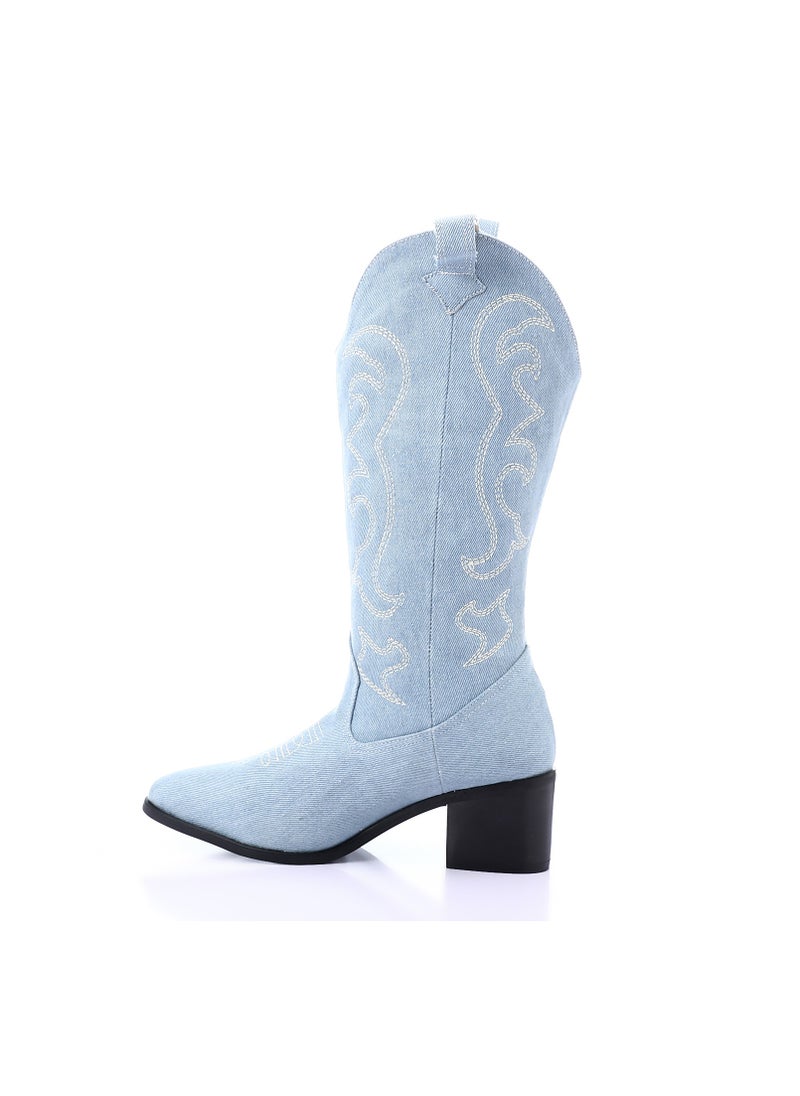 Mr.joe - Embroidered Denim Pointed Cowboy Boots - Baby Blue - Image 1