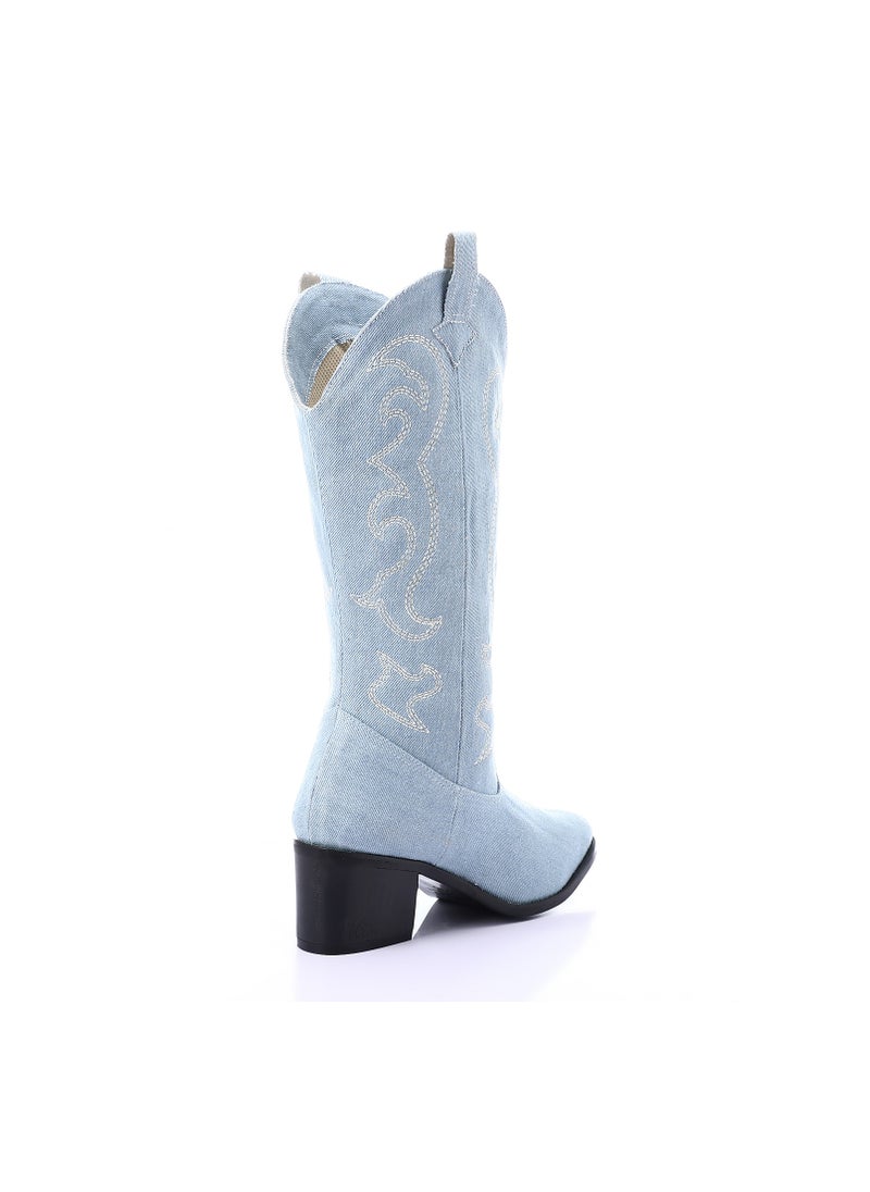 Mr.joe - Embroidered Denim Pointed Cowboy Boots - Baby Blue - Image 1