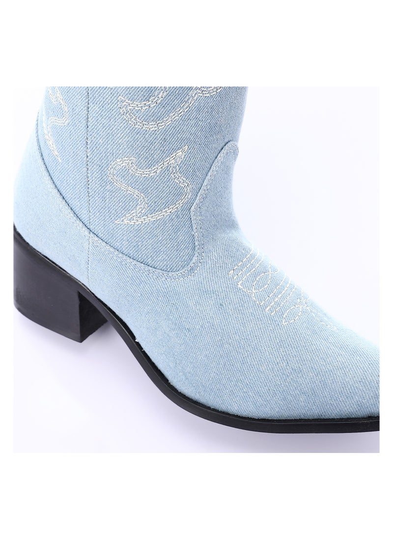 Mr.joe - Embroidered Denim Pointed Cowboy Boots - Baby Blue - Image 1