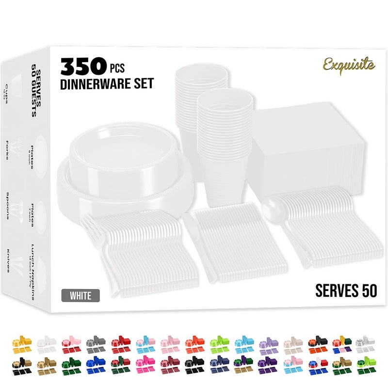 Party Solids 350 Pieces White Plastic Plates For Party White Disposable Plates Set 50 Of Each 9 Dinner Plate Set 7 Dessert Plate Cups Napkins Cutlery Plastic Dinnerware