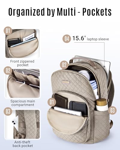 LIGHT FLIGHT Travel Laptop Backpack Women, 15.6 Inch Anti Theft Laptop Backpack with USB Charging Hole Water Resistant Casual Daypack Computer Backpack for Work, Warm Gray - Image 2