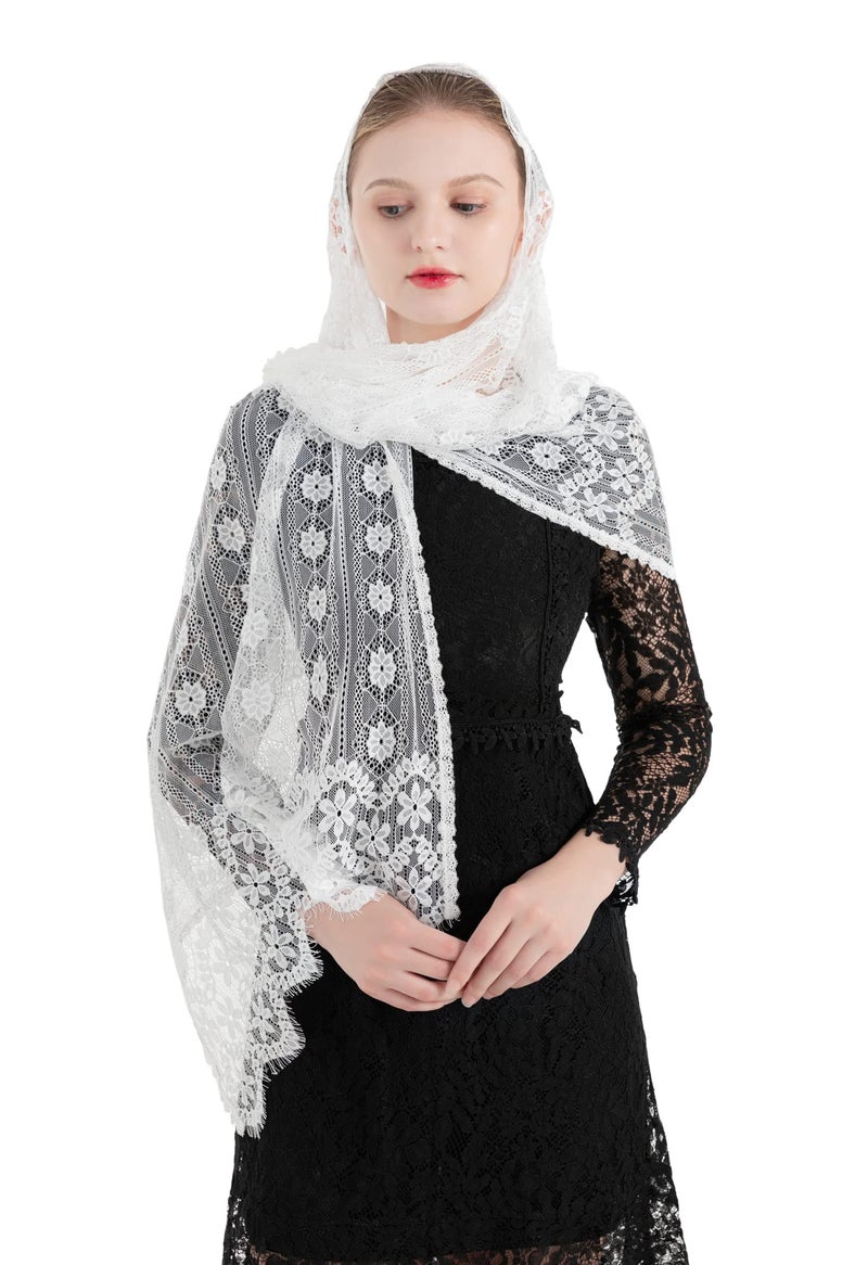 PAMOR Women Chapel Veil Rectangular Mantilla Wrap Shawl Scarf Head Covering Catholic Veils for Church (White) - Image 1