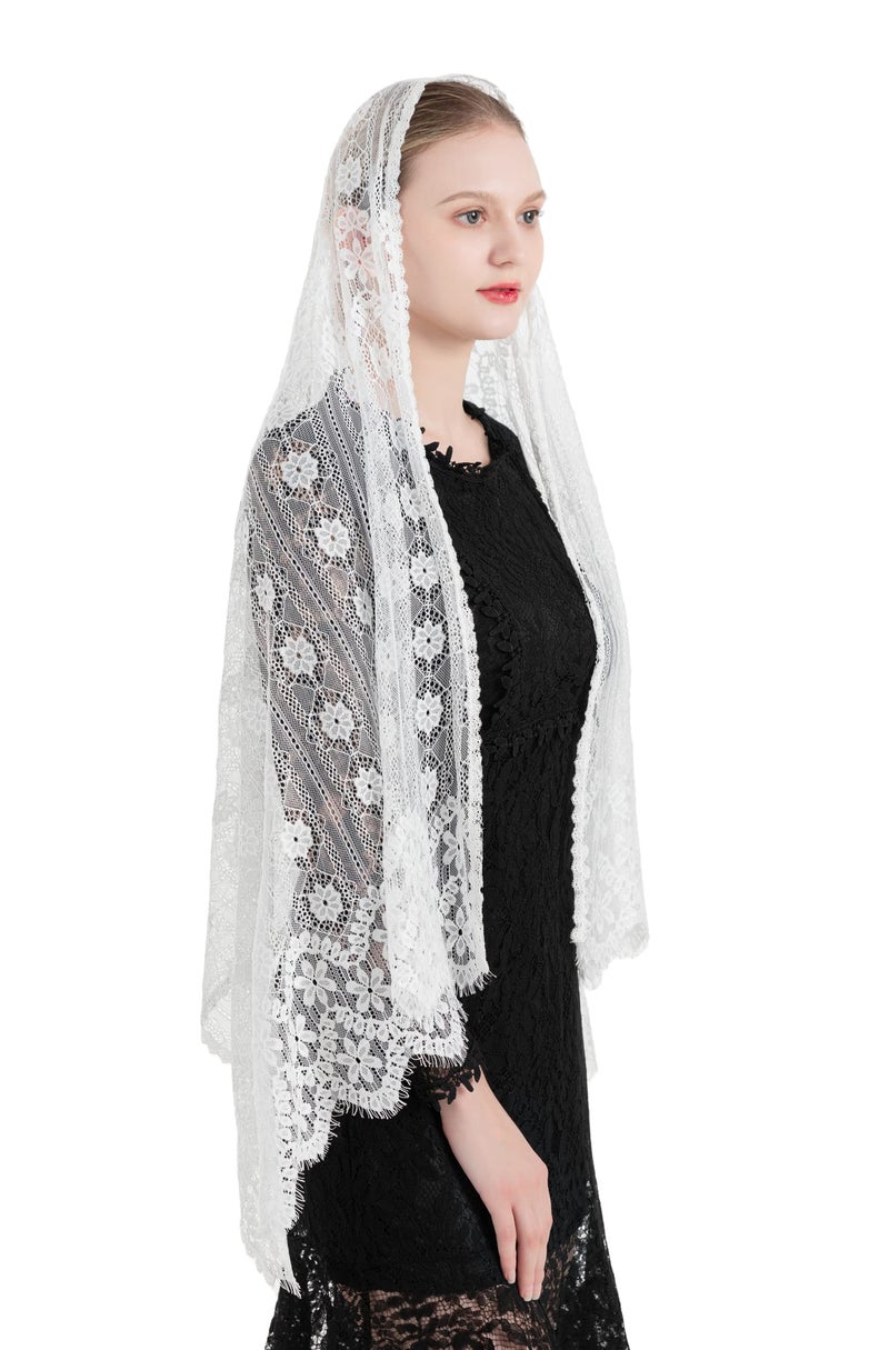 PAMOR Women Chapel Veil Rectangular Mantilla Wrap Shawl Scarf Head Covering Catholic Veils for Church (White) - Image 3
