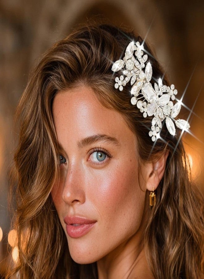 JONKY Rhinestone Hair Clip Silver Flower Barrettes Headpiece Bridal Hair Accessories for Women - Image 1