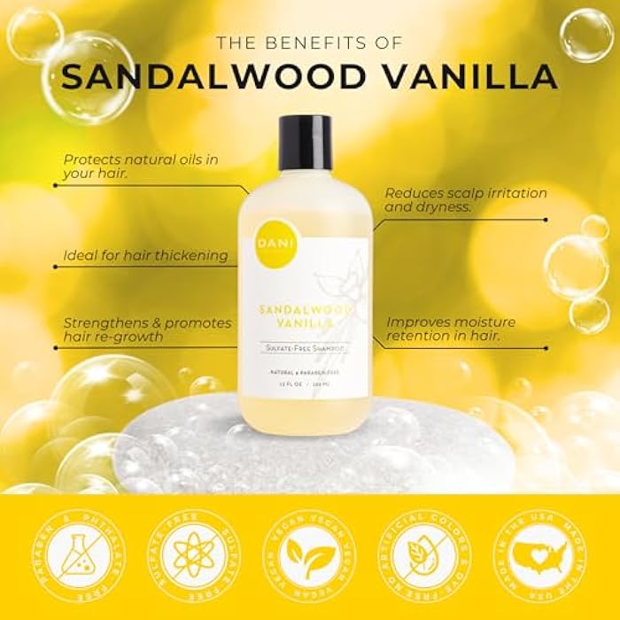DANI Naturals Shampoo with Sandalwood Vanilla Scent promotes hair thickening, strengthens follicles, and supports hair re-growth. Sulfate-free, nourishing, and soothing - Image 2