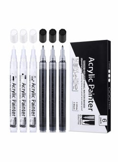 Y&D Paint Pens White Black Marker 6 Pack 0.7mm Acrylic Permanent Marker for Rock Painting Stone Ceramic Glass Wood Plastic Metal Canvas Water-based Extra Fine Point  - Image 1