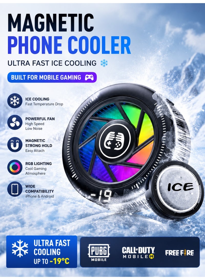 Meco Gaming Phone Cooler Magnetic Semiconductor Cooling Fan with RGB Light, Ultra Fast Ice Cooling Radiator for PUBG Mobile, iPhone & Android Smartphones, Low Noise Mobile Cooling Fan - Image 1
