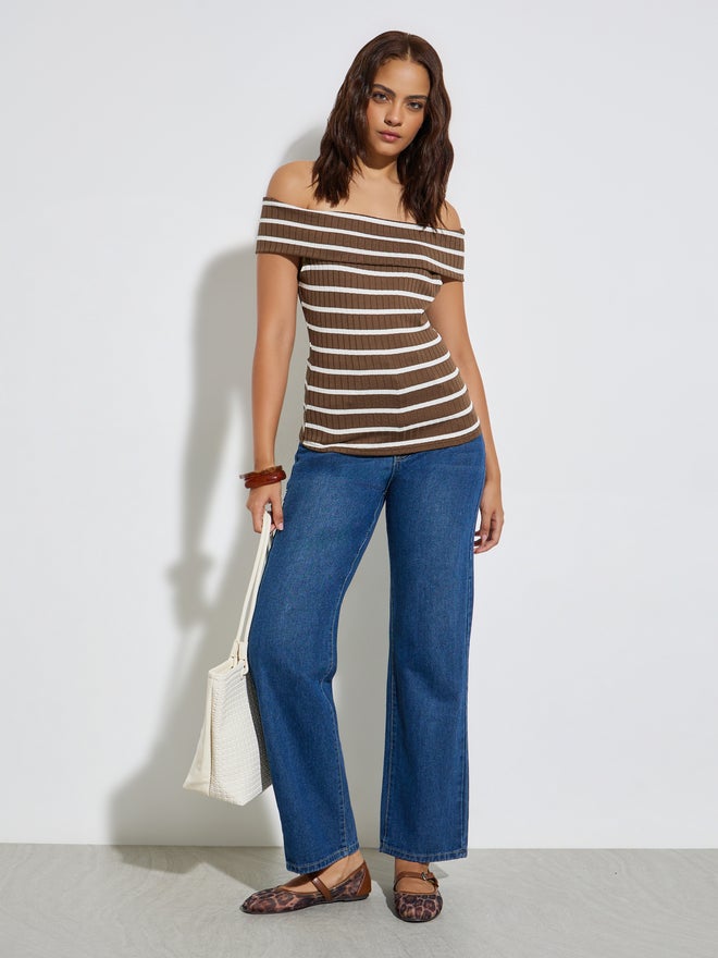 Styli Striped Off Shoulder Knit Top - Image 2
