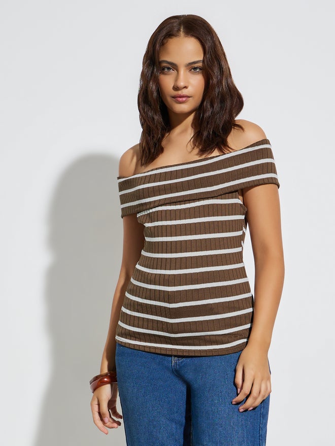 Styli Striped Off Shoulder Knit Top - Image 3