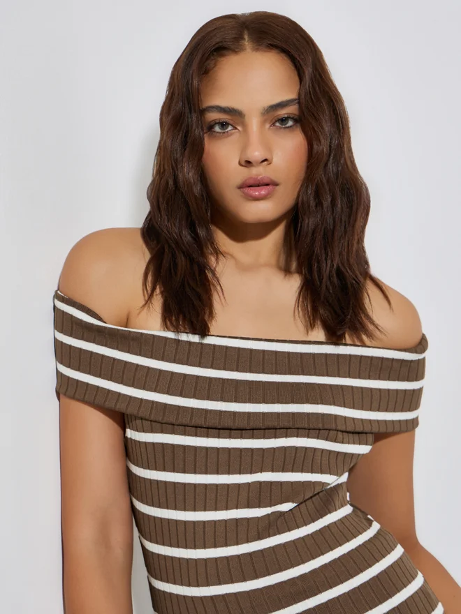 Styli Striped Off Shoulder Knit Top