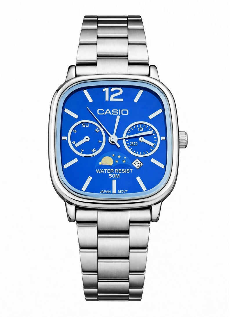 Casio Stainless Steel Square Watch – Blue Dial