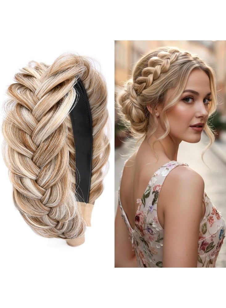 Wide Messy Braided Headband With Teeth Synthetic Hair Plaited Headband High Elasticity Braids Fishtail Braided Hair Band Hairpiece for Girls Women (Sandy Blonde) - Image 1