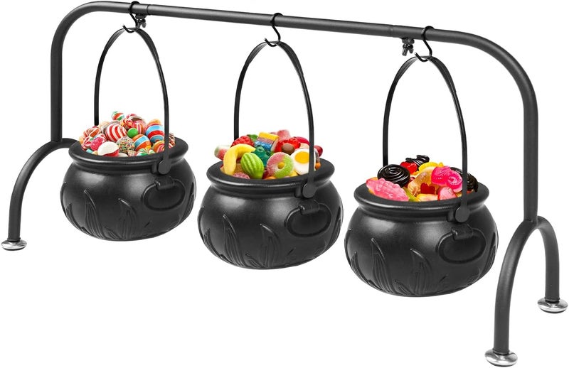 Kendane Halloween Decorations Indoor,Set of 3 Witches Cauldron Candy Serving Bowls on Rack,Halloween Party Decorations,Black Plastic Candy Cauldron for Table Decor. - Image 1
