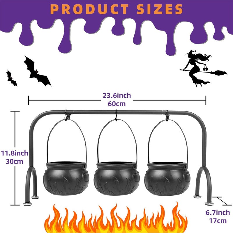 Kendane Halloween Decorations Indoor,Set of 3 Witches Cauldron Candy Serving Bowls on Rack,Halloween Party Decorations,Black Plastic Candy Cauldron for Table Decor. - Image 2