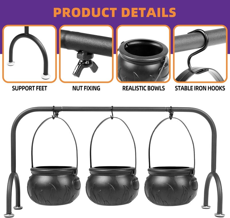 Kendane Halloween Decorations Indoor,Set of 3 Witches Cauldron Candy Serving Bowls on Rack,Halloween Party Decorations,Black Plastic Candy Cauldron for Table Decor. - Image 4