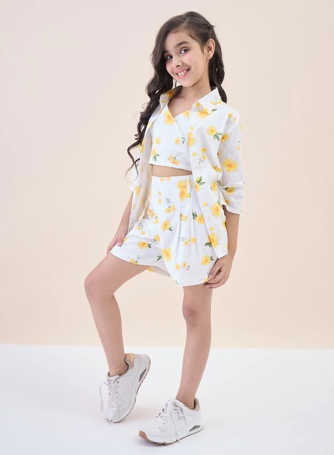 Stylo Bug StyloBug Girls Flower All over Print Shirt Collar Half Sleeves Above Knee Casual Wear Top with Shorts Off-White