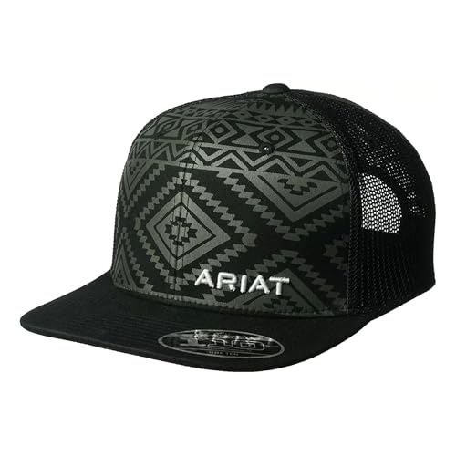 Ariat Men’s Aztec Print Flat Bill Cap with Mesh Snapback, Black and Grey - Image 1