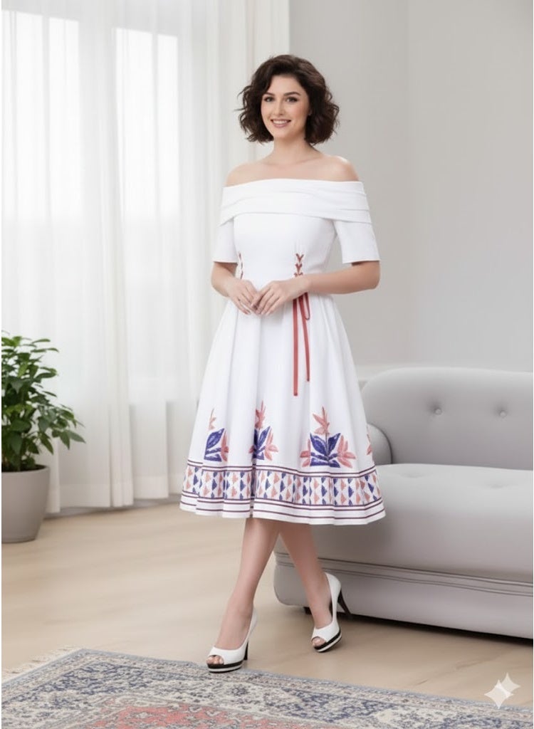 FULL JOY Modern and Soft Elegant Dress  With off-shoulder Cut Decorated With Colorful Embroidery Patterns Inspired by Heritage on the Chest and lower Edges That  gives it Distinctive and Attractive Look. - Image 1