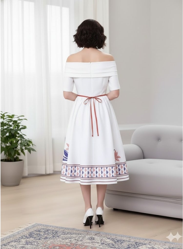 FULL JOY Modern and Soft Elegant Dress  With off-shoulder Cut Decorated With Colorful Embroidery Patterns Inspired by Heritage on the Chest and lower Edges That  gives it Distinctive and Attractive Look. - Image 4