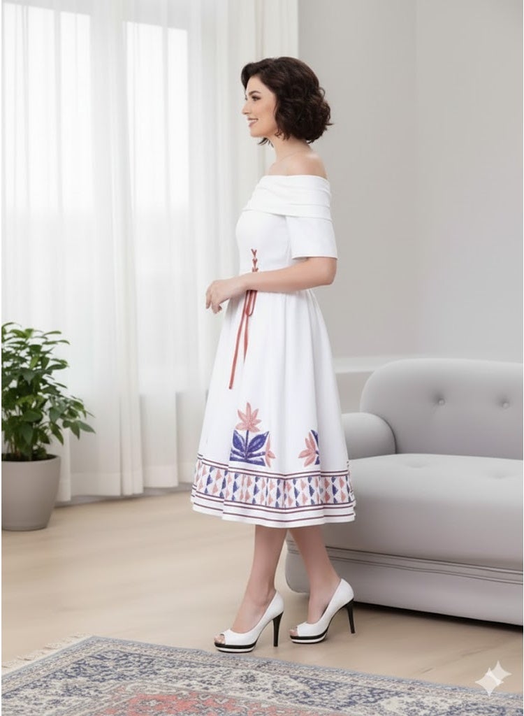 FULL JOY Modern and Soft Elegant Dress  With off-shoulder Cut Decorated With Colorful Embroidery Patterns Inspired by Heritage on the Chest and lower Edges That  gives it Distinctive and Attractive Look. - Image 3