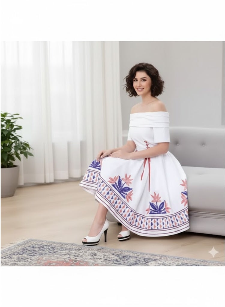 FULL JOY Modern and Soft Elegant Dress  With off-shoulder Cut Decorated With Colorful Embroidery Patterns Inspired by Heritage on the Chest and lower Edges That  gives it Distinctive and Attractive Look. - Image 2