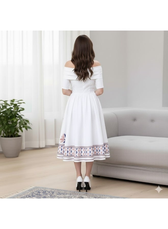 FULL JOY Modern and Soft Elegant Dress  With off-shoulder Cut Decorated With Colorful Embroidery Patterns Inspired by Heritage on the Chest and lower Edges That  gives it Distinctive and Attractive Look. - Image 5