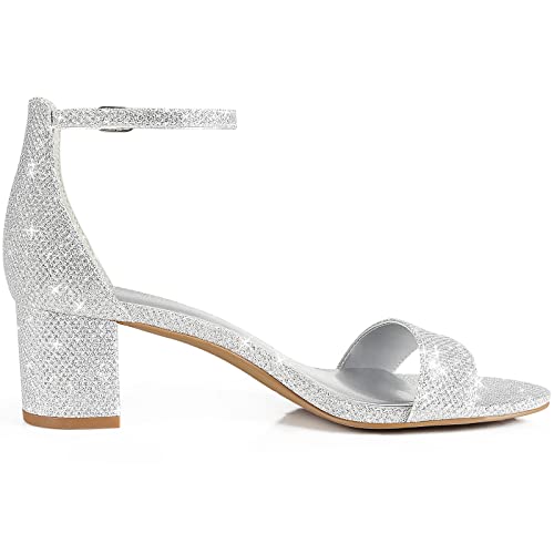PIZZ ANNU Women's Low Block Heels 2 Inch Sandals Chunky Open Toe Ankle Strap Wedding Dress Pump Shoes For Women Brides Ladies, Silver Glitter 8 - Image 3