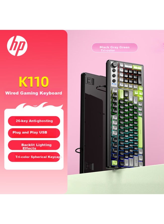 Hp K110 Mechanical Feel Keyboard, Black Gray Green Tri-color, 98-key Layout, Wired Usb Gaming Laptop, 26-key Anti-ghosting - Image 1