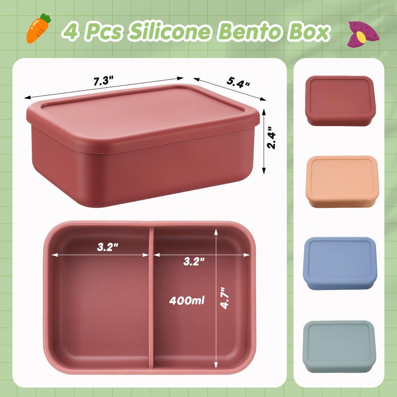 Layhit 4 Pcs Silicone Bento Box Reusable Silicone Bento Lunch Container for Adults Microwave Dishwasher Freezer Safe (2 Compartments,Dark Colors) - Image 2