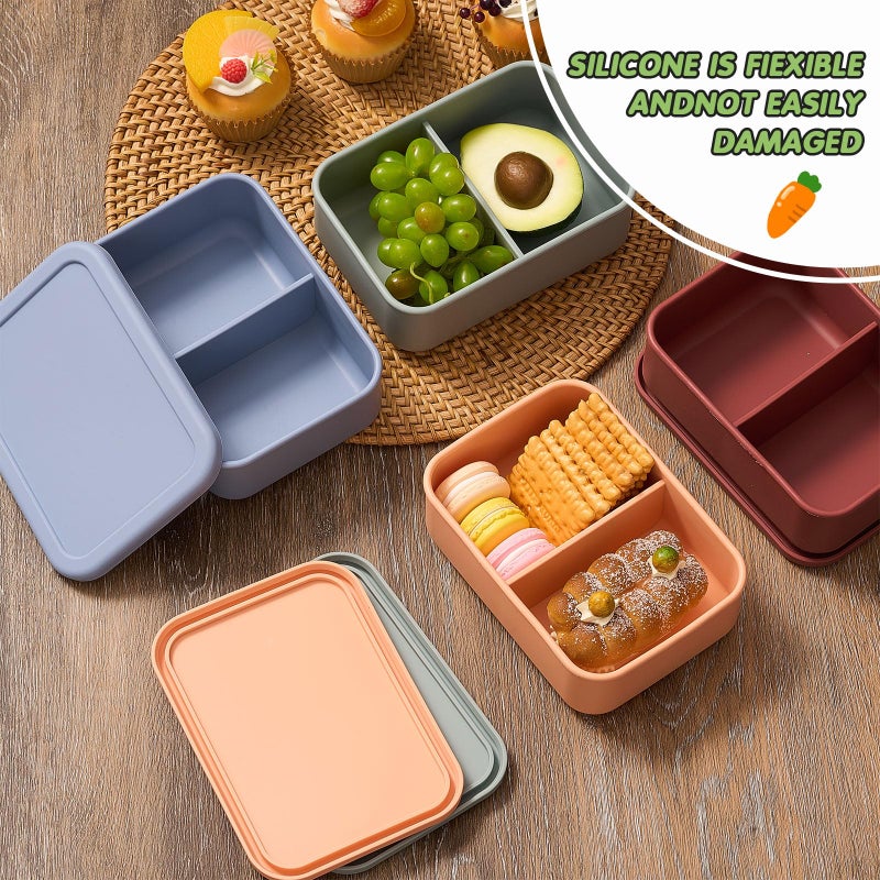 Layhit 4 Pcs Silicone Bento Box Reusable Silicone Bento Lunch Container for Adults Microwave Dishwasher Freezer Safe (2 Compartments,Dark Colors) - Image 4