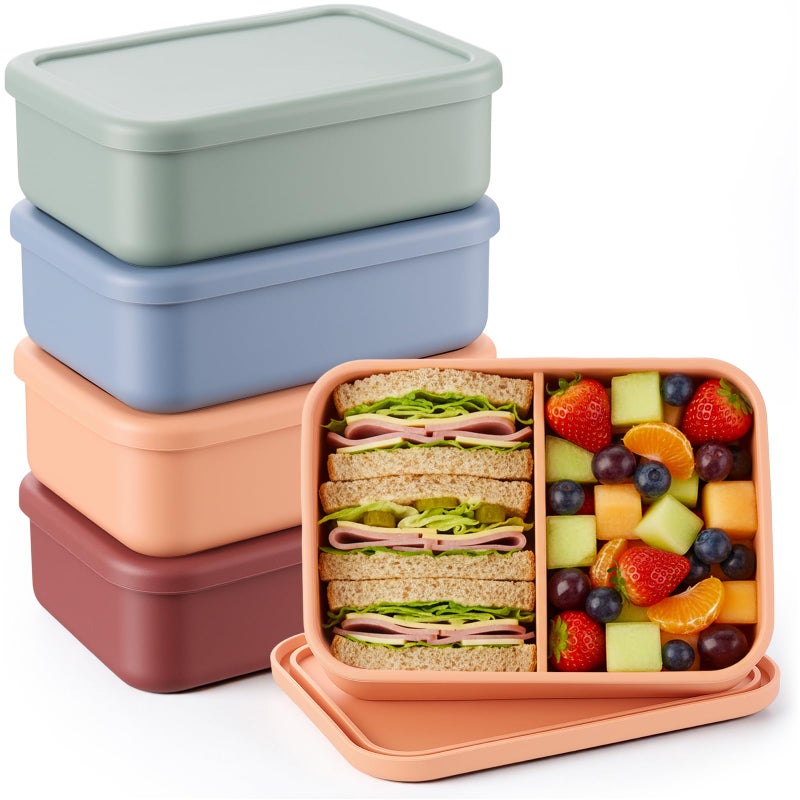 Layhit 4 Pcs Silicone Bento Box Reusable Silicone Bento Lunch Container for Adults Microwave Dishwasher Freezer Safe (2 Compartments,Dark Colors) - Image 1