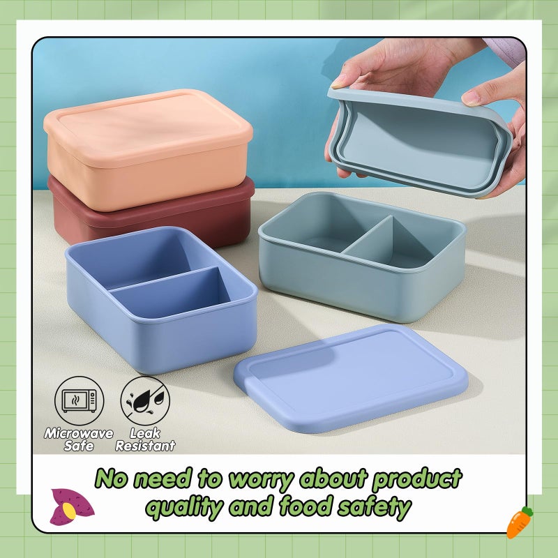 Layhit 4 Pcs Silicone Bento Box Reusable Silicone Bento Lunch Container for Adults Microwave Dishwasher Freezer Safe (2 Compartments,Dark Colors) - Image 3