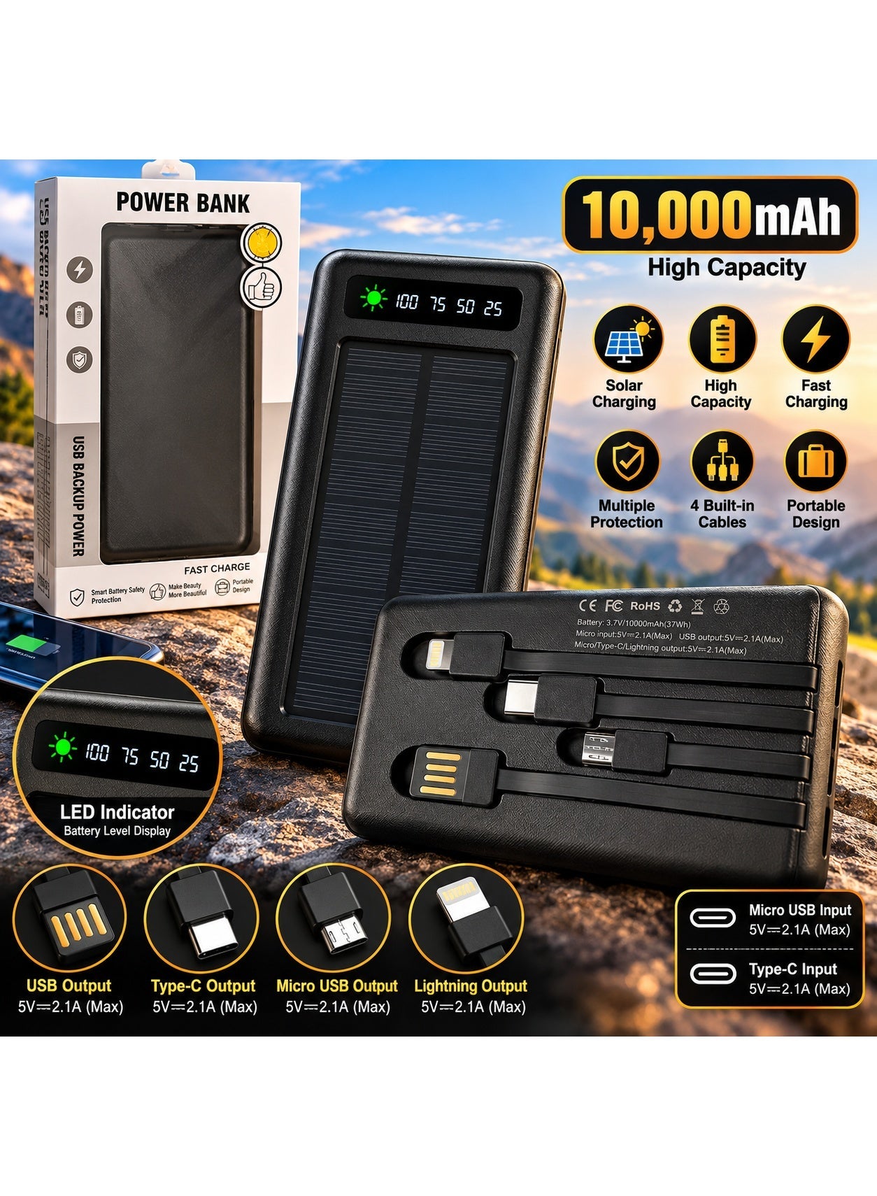 Alayjah, 20000mAh Solar Power Bank with Built-in A/B/C Cables, USB-C & Micro USB, Safe Your Life, Suitable for Desert or Camping, Portable, Hassle-Free Charging Anywhere 10500110