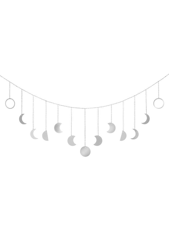 Mkono Mkono Moon Phase Wall Hanging Boho Aesthetic Room Decor Metal Moons Garland Hanging Art Bohemian Home Decoration for Girls Room Nursery Bedroom Livingroom Dorm, Ideal Gift, Silver, 55"  - Image 1