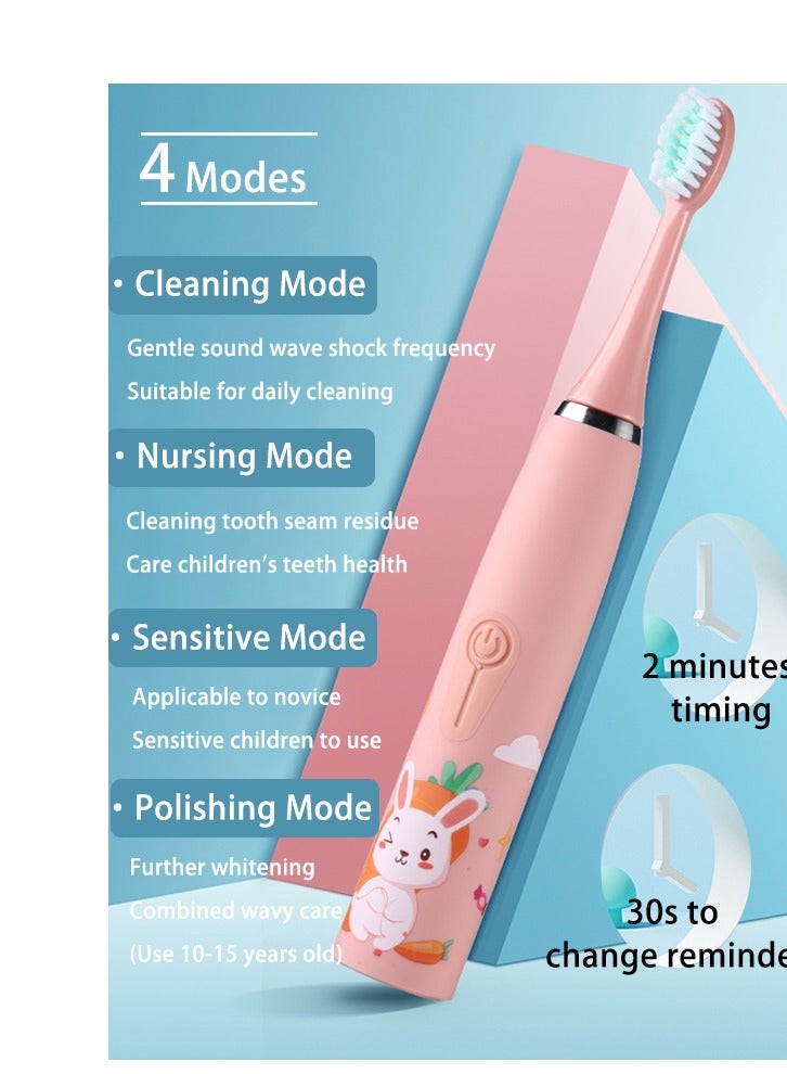 Sharpdo Kids Rechargeable Electric Toothbrush With Timer, 6 Brush Heads, Rabbit, Pink - Image 5