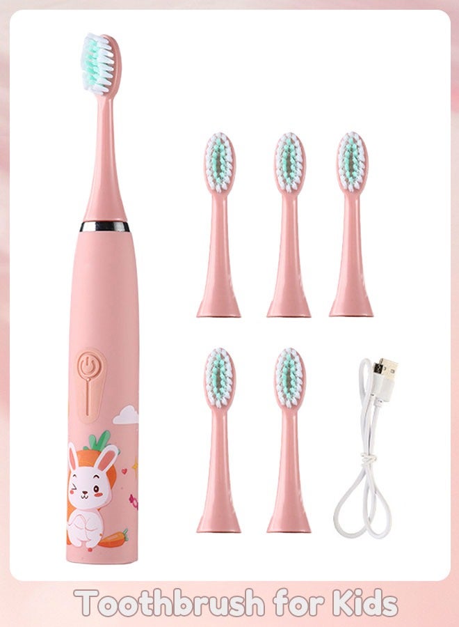 Sharpdo Kids Rechargeable Electric Toothbrush With Timer, 6 Brush Heads, Rabbit, Pink - Image 1
