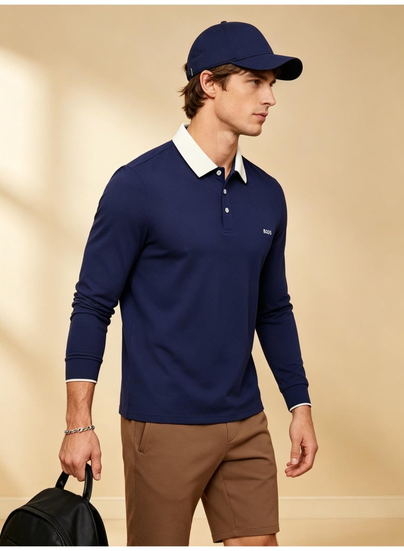 BOSS Men Long Sleeve Contrast Collar Polo Shirt Navy Off White - Image 2