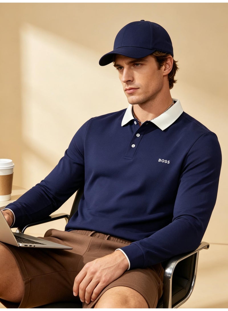 BOSS Men Long Sleeve Contrast Collar Polo Shirt Navy Off White - Image 1