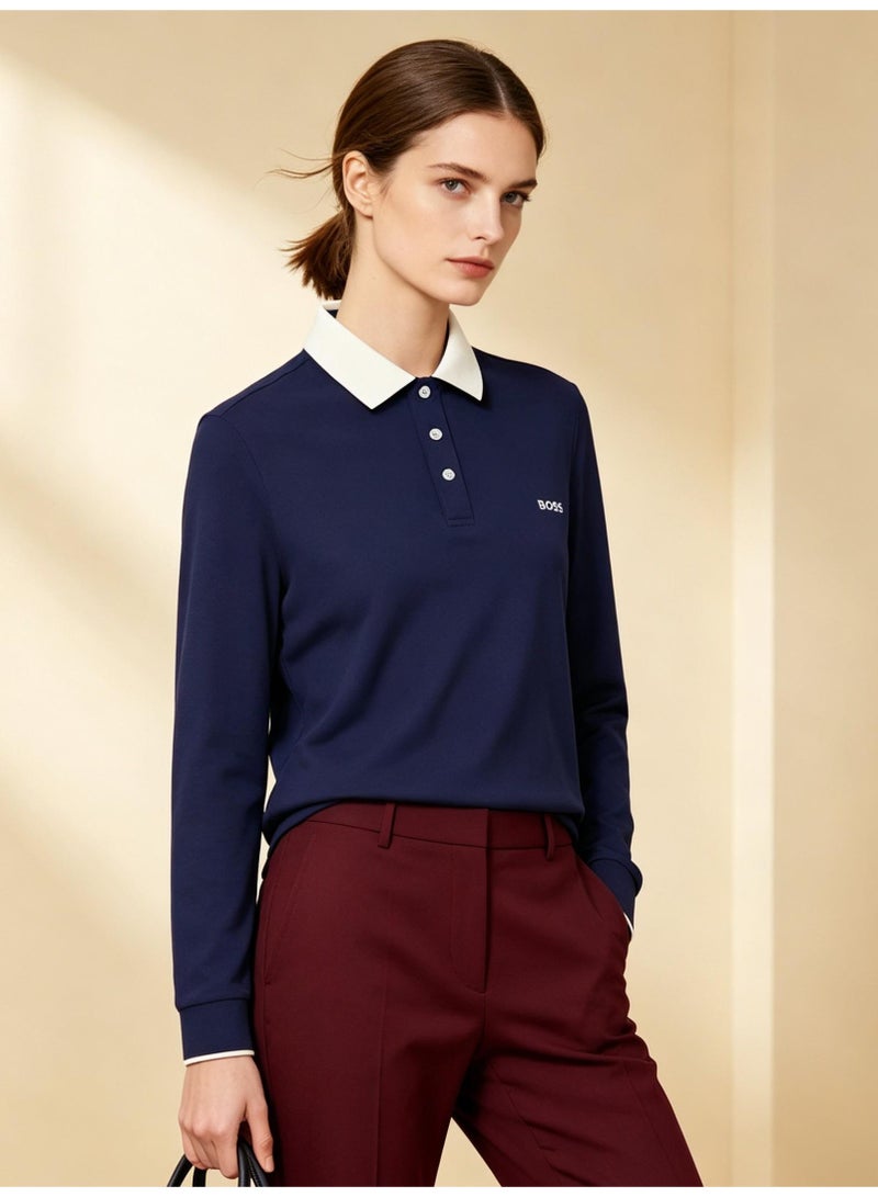 BOSS Men Long Sleeve Contrast Collar Polo Shirt Navy Off White - Image 3