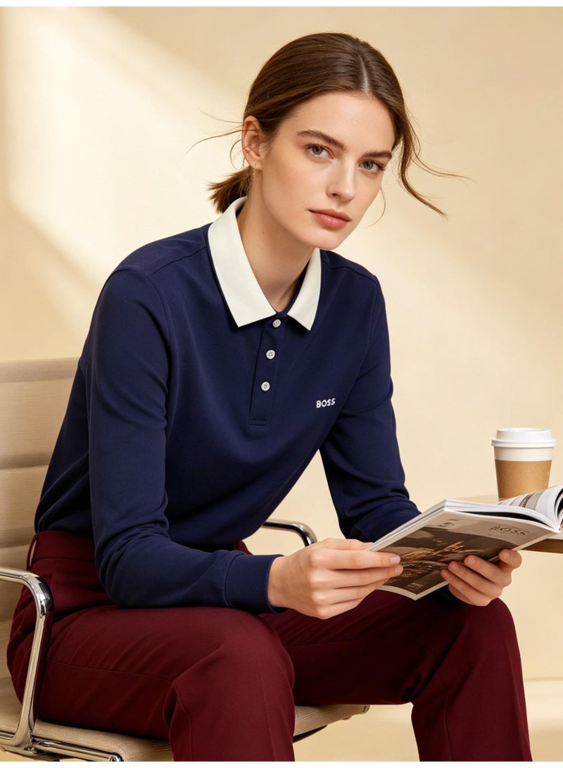 BOSS Men Long Sleeve Contrast Collar Polo Shirt Navy Off White - Image 4