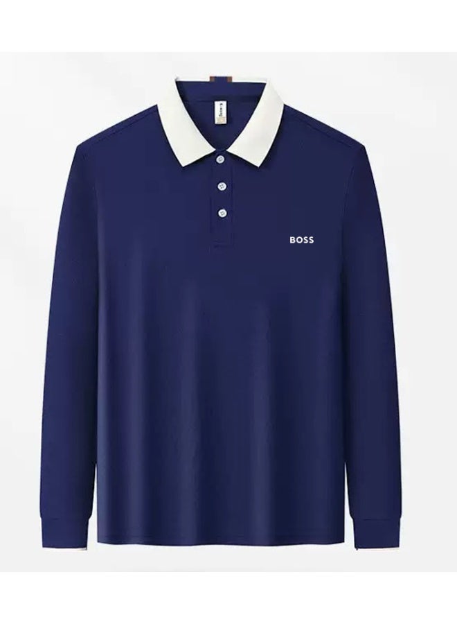 BOSS Men Long Sleeve Contrast Collar Polo Shirt Navy Off White - Image 5