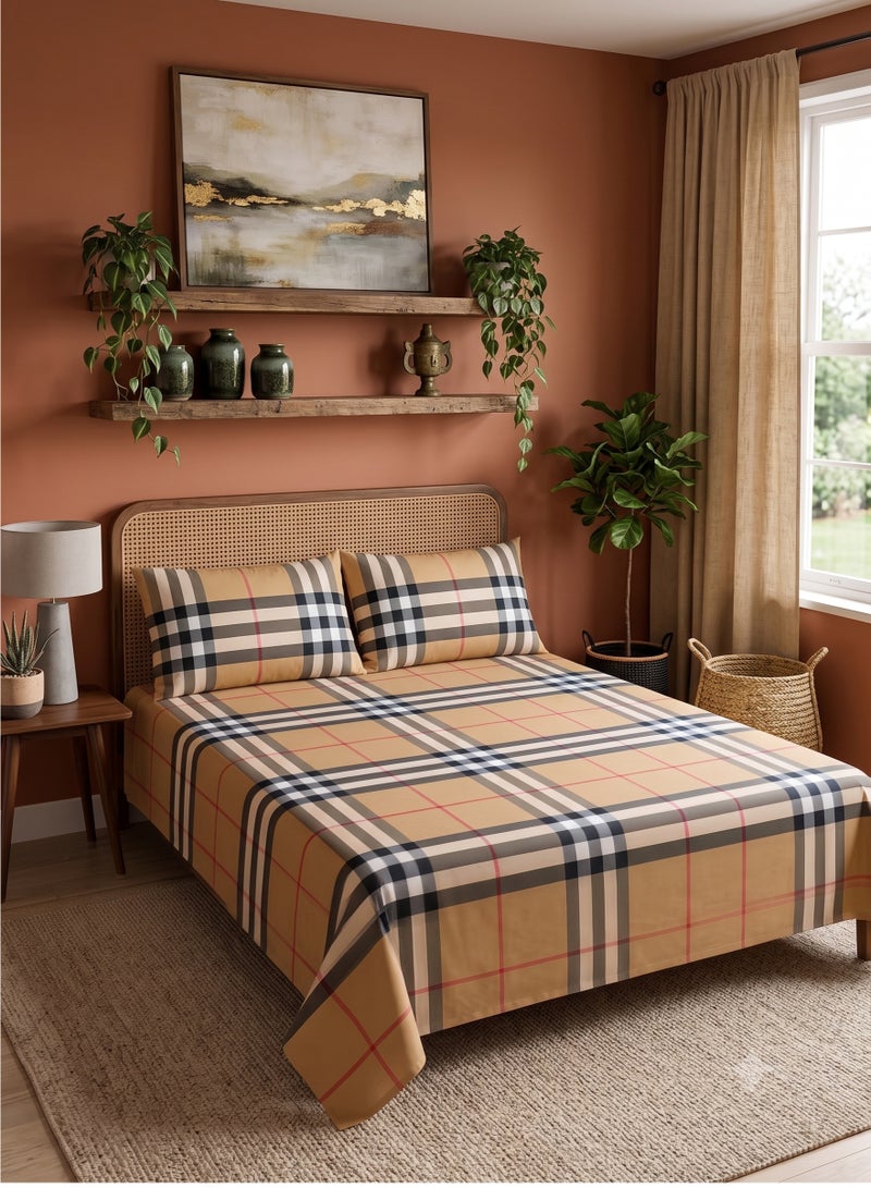 ZEESQUARE 3 Piece 100% Cotton Flat Bedsheet Set – Tartan Plaid Check Pattern Bedding Set with 1 Flat Sheet & 2 Pillow Covers | 125 GSM Soft Breathable Bed for King, Queen & Single Size - Image 1