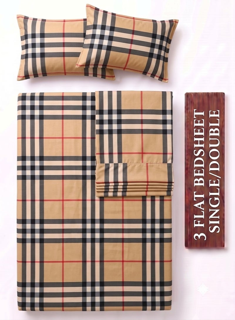 ZEESQUARE 3 Piece 100% Cotton Flat Bedsheet Set – Tartan Plaid Check Pattern Bedding Set with 1 Flat Sheet & 2 Pillow Covers | 125 GSM Soft Breathable Bed for King, Queen & Single Size - Image 4