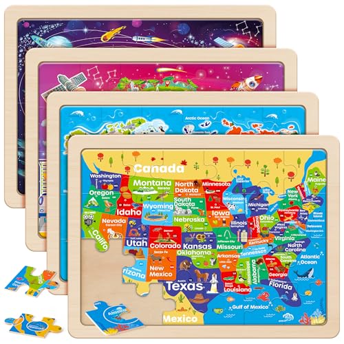 SYNARRY Large US World Earth Solar System Wooden Puzzles for Kids Gift Box122 94 in Puzzles for Toddlers 35 Wood Puzzles for Kids Ages 46 Easter Basket Stuffers Gifts for Kids - Image 1
