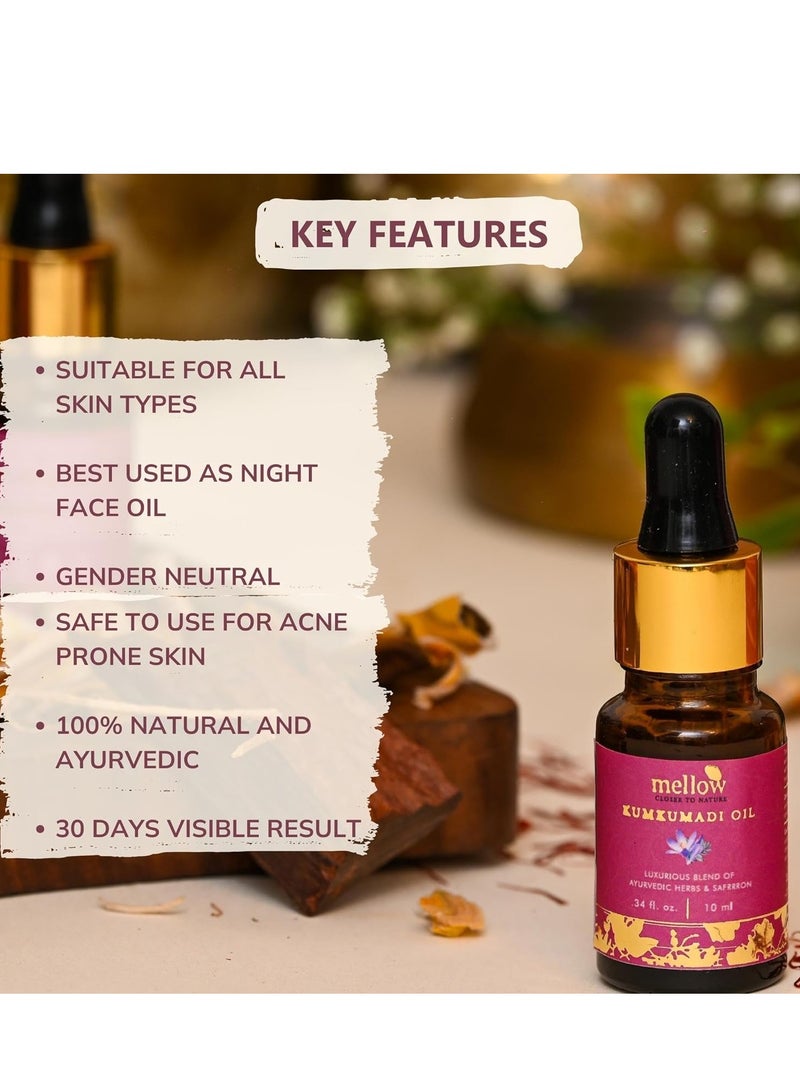 Mellow Ayurvedic Kumkumadi Face Oil Tailam for Glowing Skin Extracted from Pure Ayurvedic Herbs Deep Nourishment Anti Aging 10 ml - Image 4