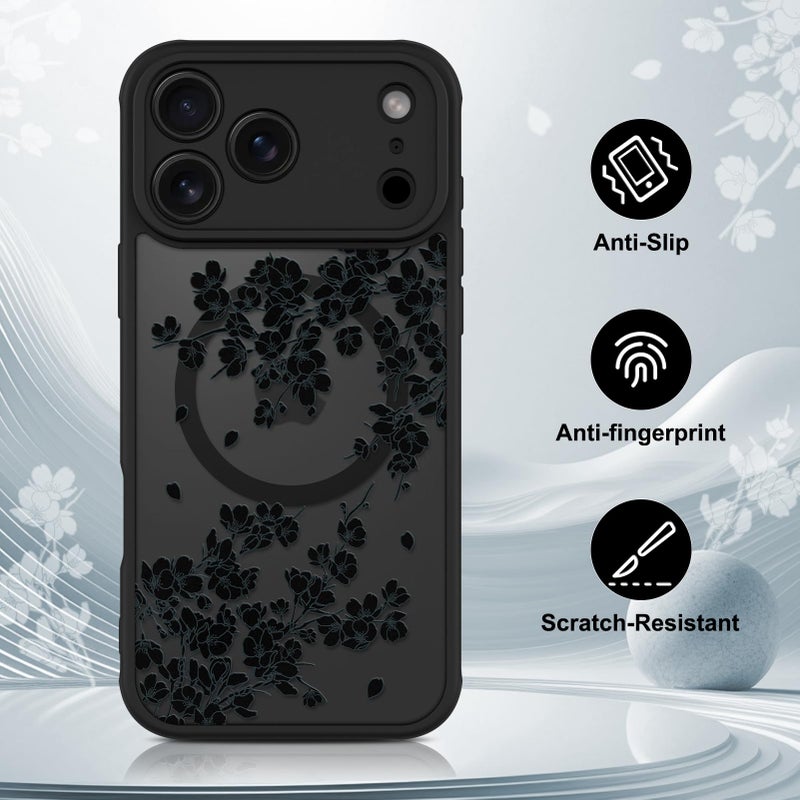 OOK Case for iPhone 17 Pro Max 6.9 Inch (Compatible with MagSafe) Floral Flowers Design Translucent Phone Cover Soft TPU + Hard PC Anti-Scratch Shockproof Magnetic Cute Case for Women - Black - Image 5