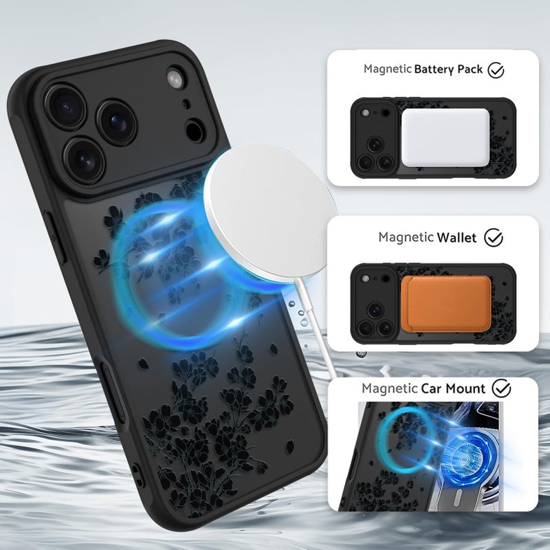 OOK Case for iPhone 17 Pro Max 6.9 Inch (Compatible with MagSafe) Floral Flowers Design Translucent Phone Cover Soft TPU + Hard PC Anti-Scratch Shockproof Magnetic Cute Case for Women - Black - Image 2