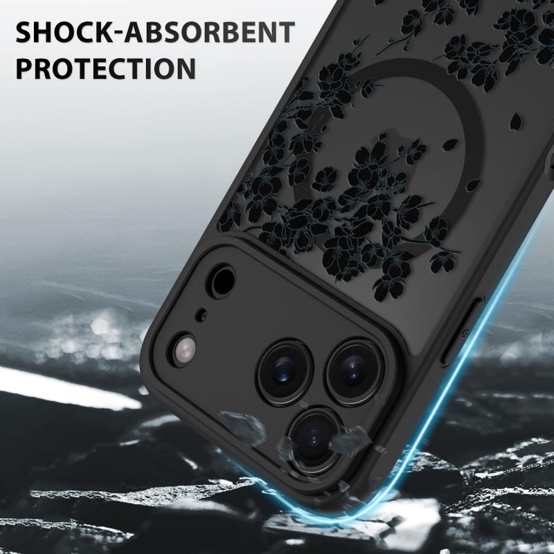 OOK Case for iPhone 17 Pro Max 6.9 Inch (Compatible with MagSafe) Floral Flowers Design Translucent Phone Cover Soft TPU + Hard PC Anti-Scratch Shockproof Magnetic Cute Case for Women - Black - Image 4