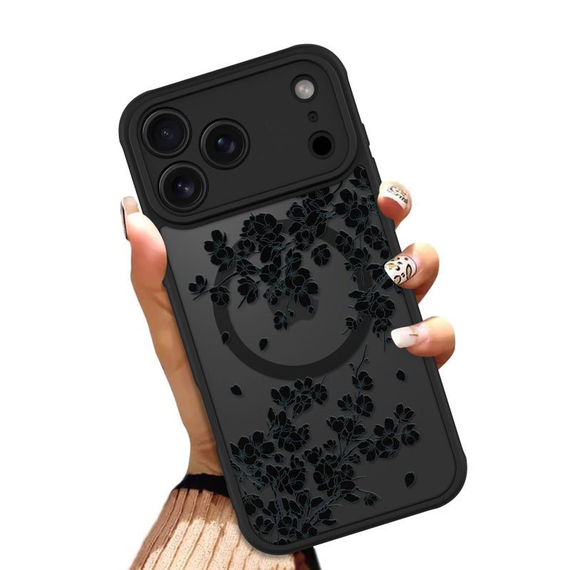 OOK Case for iPhone 17 Pro Max 6.9 Inch (Compatible with MagSafe) Floral Flowers Design Translucent Phone Cover Soft TPU + Hard PC Anti-Scratch Shockproof Magnetic Cute Case for Women - Black - Image 1